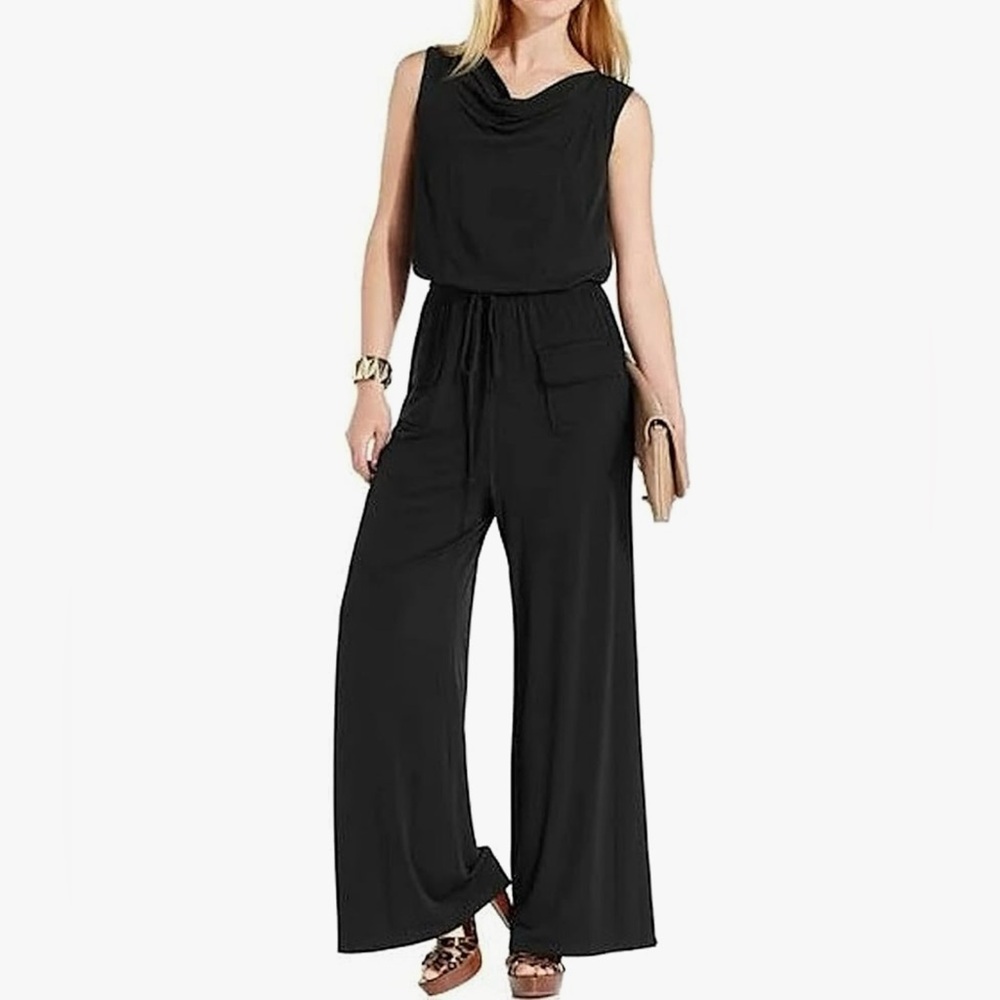 VINCE CAMUTO Cowl Neck Wide-Leg Jersey Jumpsuit, Large, Black - Picture 2 of 12
